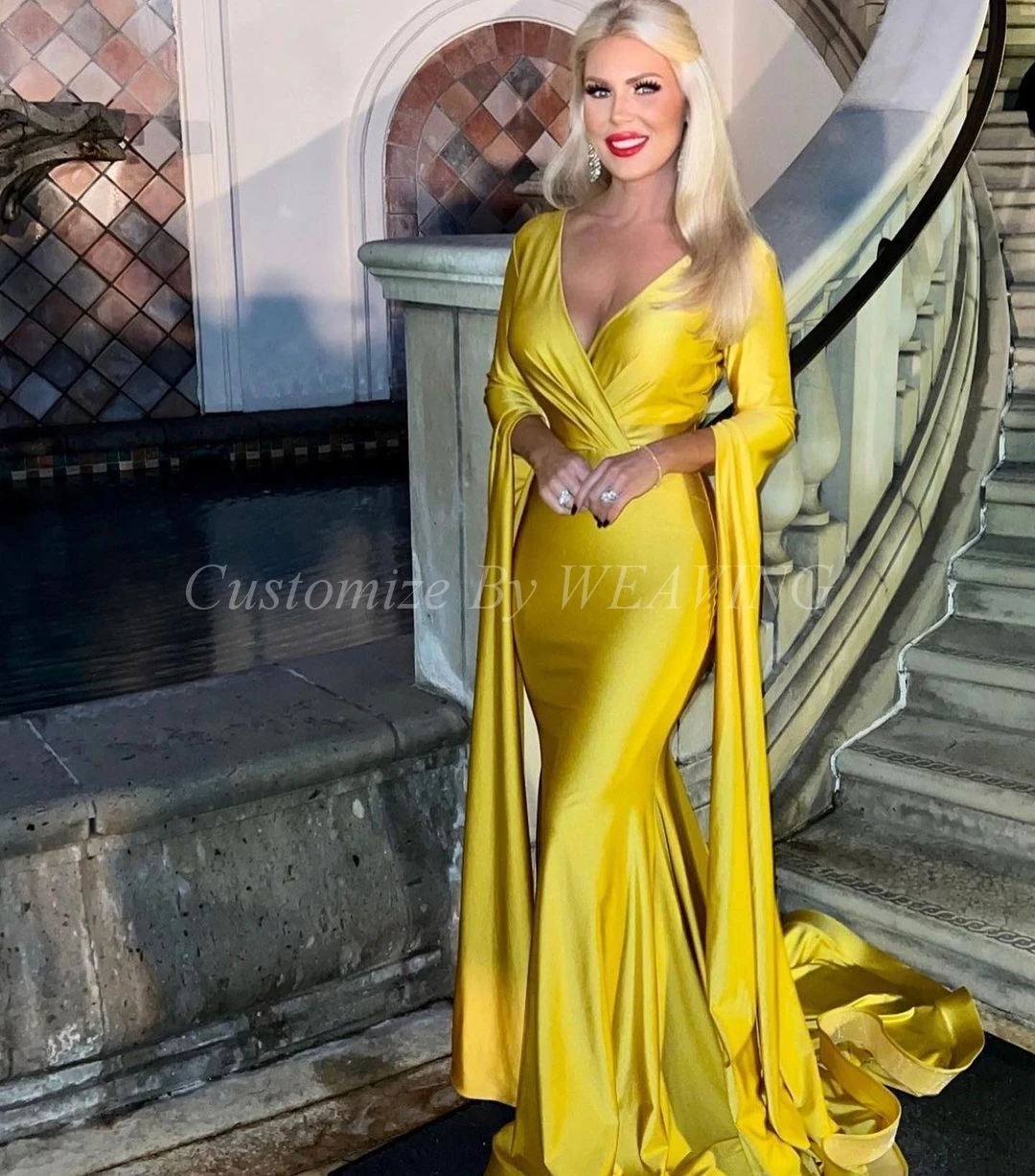 

Mermaid Yellow Satin Long Sleeves Prom Dresses V Neck Sweep Train Saudi Arabia Evening Gowns Formal Party Dress