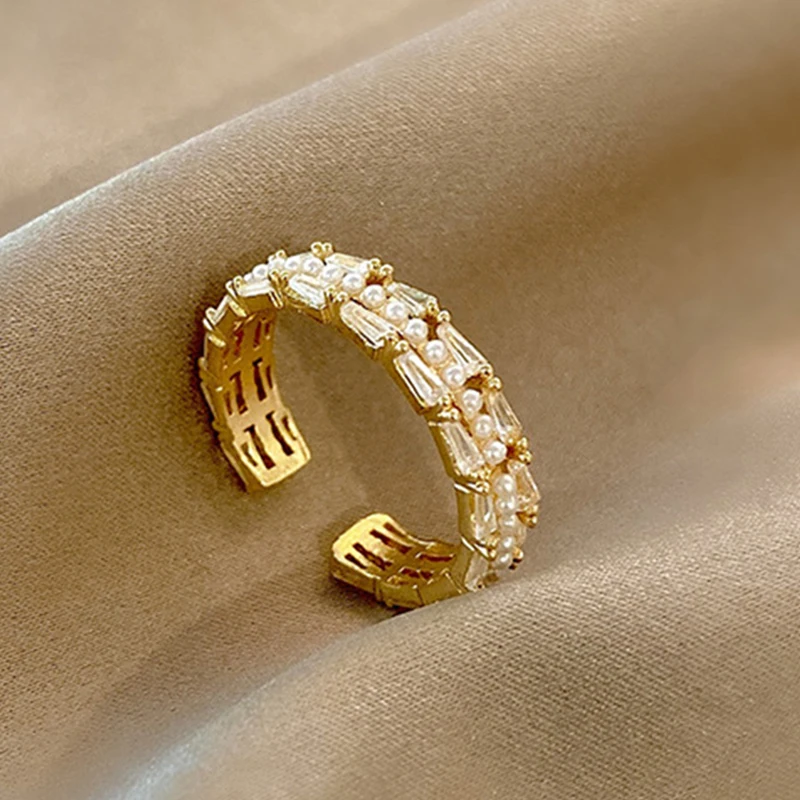 

Exquisite Geometric Zircon Gold Color Open Rings for Woman Fashion Korean Jewelry Luxury Wedding Party Unusual Girl's Pearl Ring