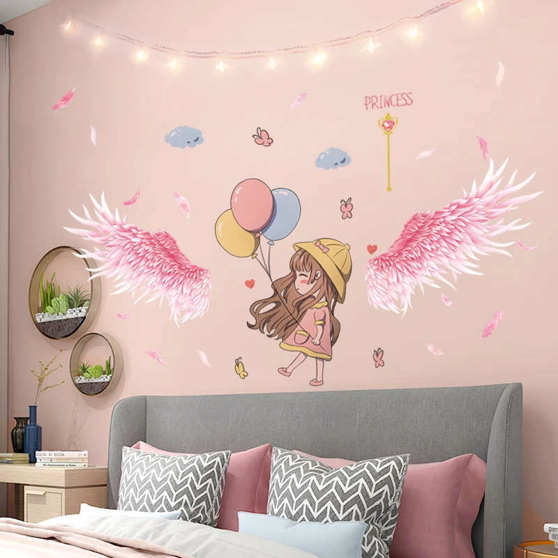

[shijuekongjian] Cartoon Girl Wall Stickers DIY Feather Wings Mural Decals for Kids Rooms Baby Bedroom Nursery Home Decoration