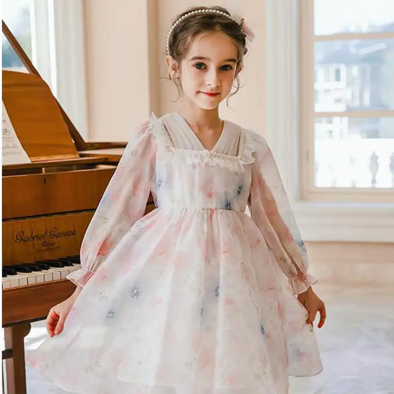 

2022 Spring Summer Floral Dress For Girls Fashion Puff Sleeve Mid Length Princess Gowns Children Birthday Wedding Party Dresses