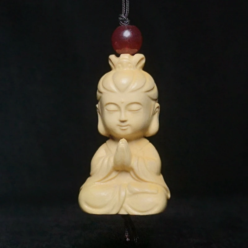 

Chinese boxwood hand Carved Buddha statue amulet necklace pendant netsuke decoration collection gift