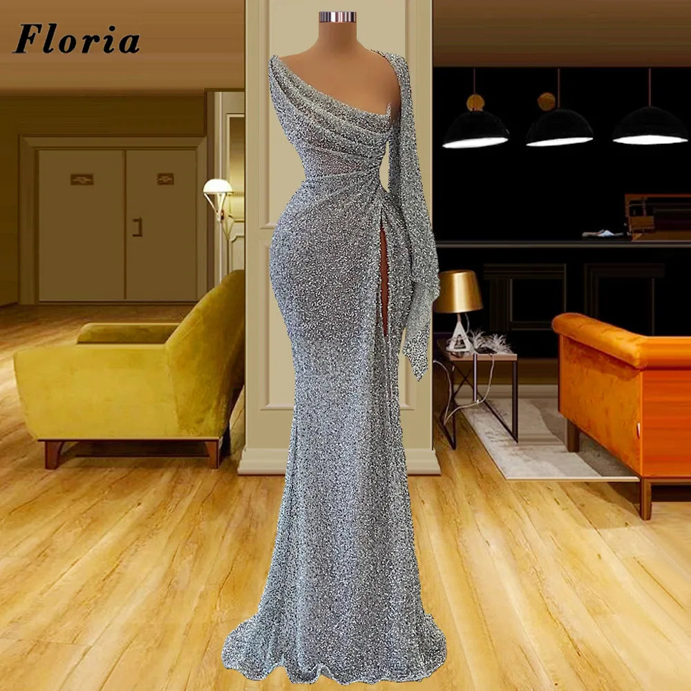 

Floria Sliver Beading Fabric Evening Dresses Elegant Long Split Slit Prom Dress Robes De Soiree Dubai Couture Party Night 2022