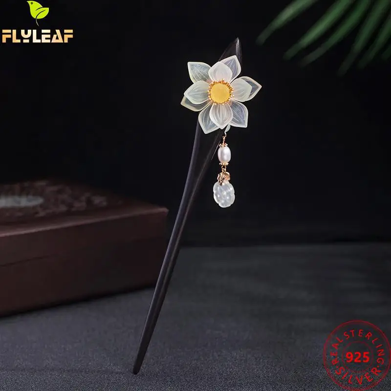 

Real 925 Sterling Silver Jewelry Ebony Natural Jade Lotus Hair Sticks For Women Original Design Handmade Hanfu Hair Accessories