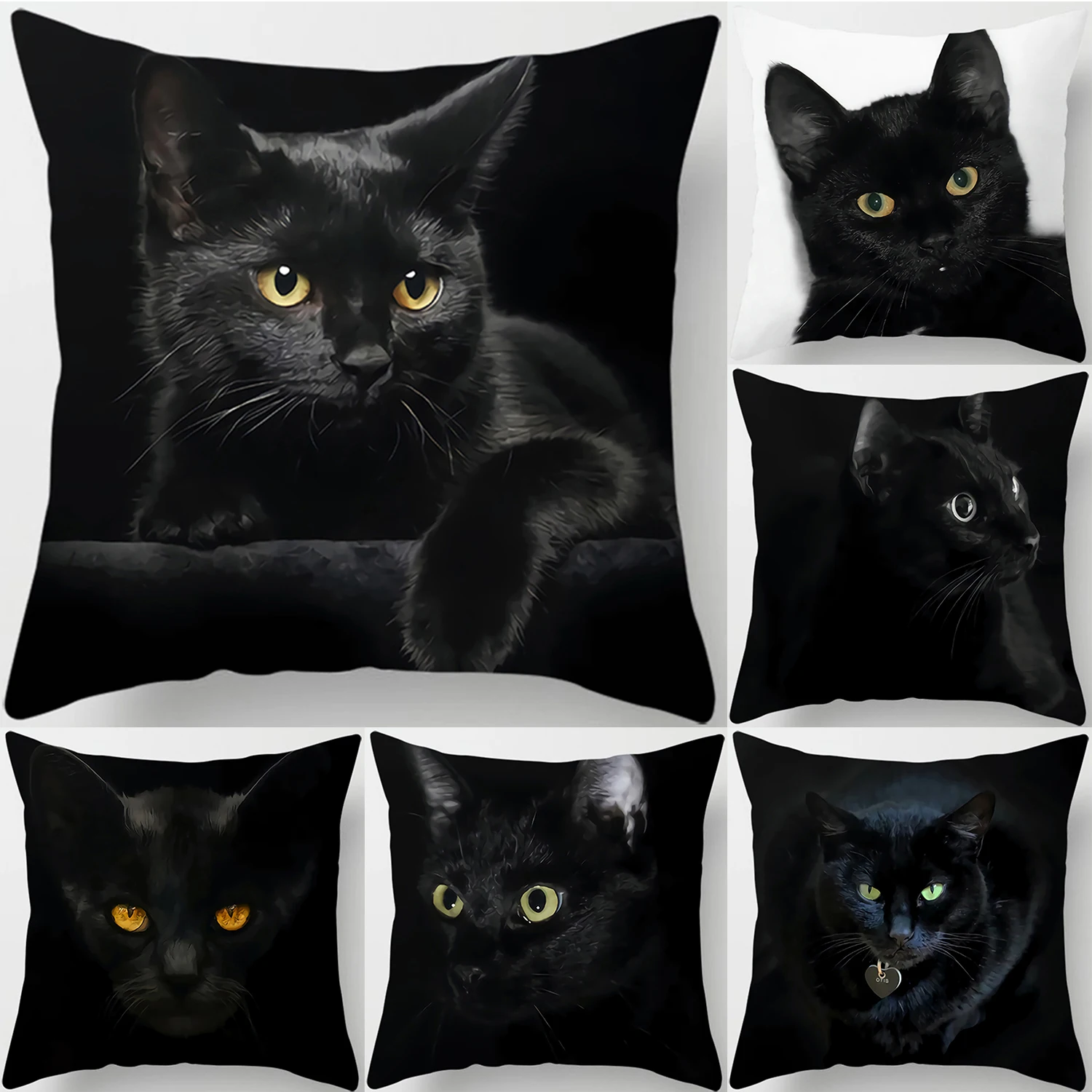 

Black Cat Print Square Pillowcase Home Decor Car Sofa Cushion Cover Festive Decor Accessories Ornament 45x45cm50x50cm