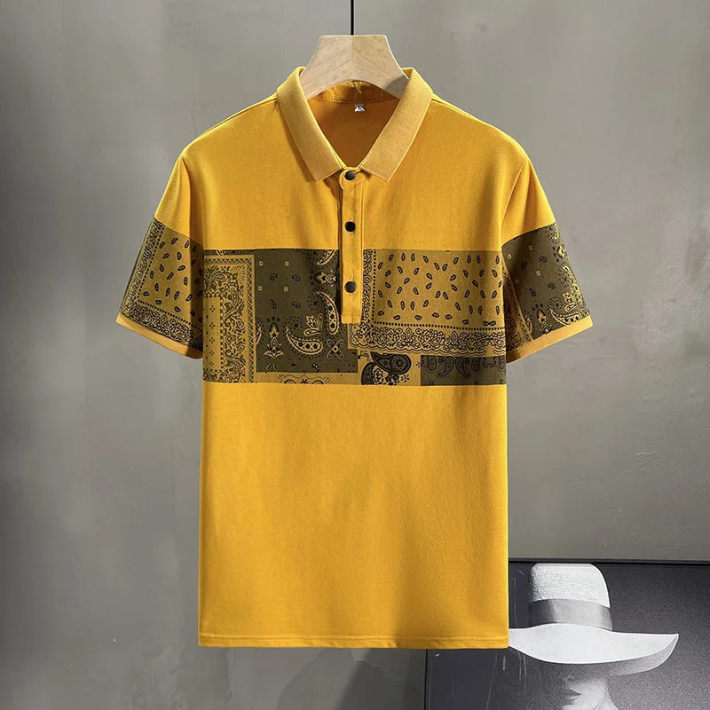 

Contrast Color Paisley Print Men Polo Shirt Short Sleeve Lapel Tshirt Social Playera Polo Hombre Polo Camisa Hombre