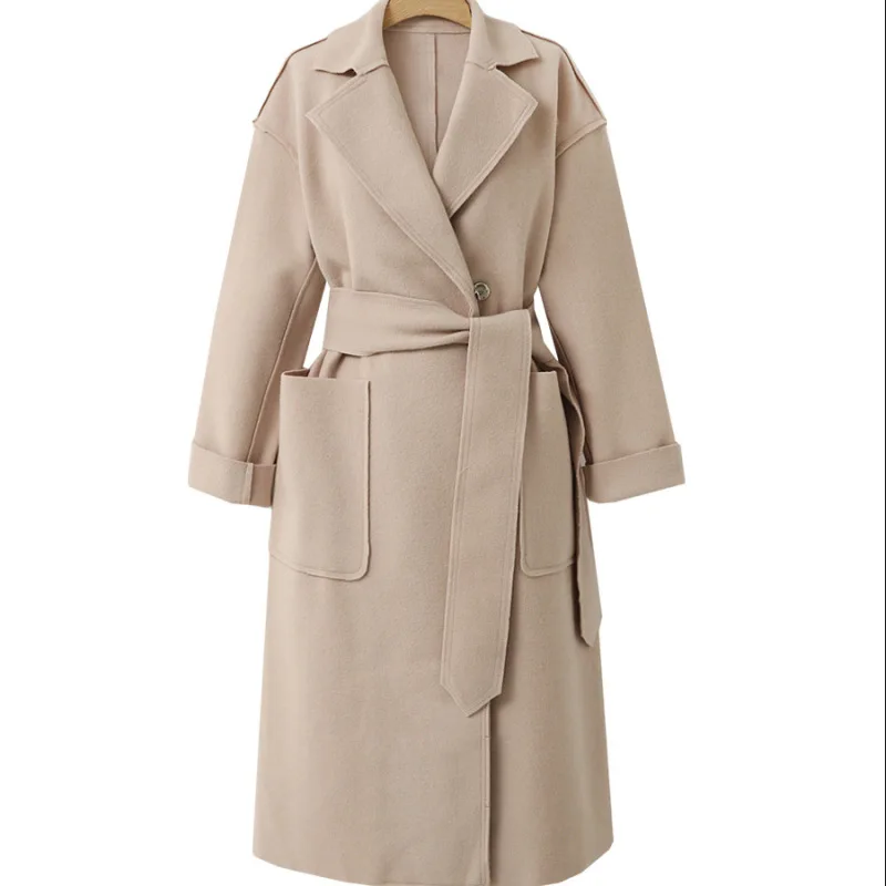 

Женское повседневное однотонное пальто средней длины, Свободное пальто с длинным рукавом и воротником-костюмом, Осень-зима