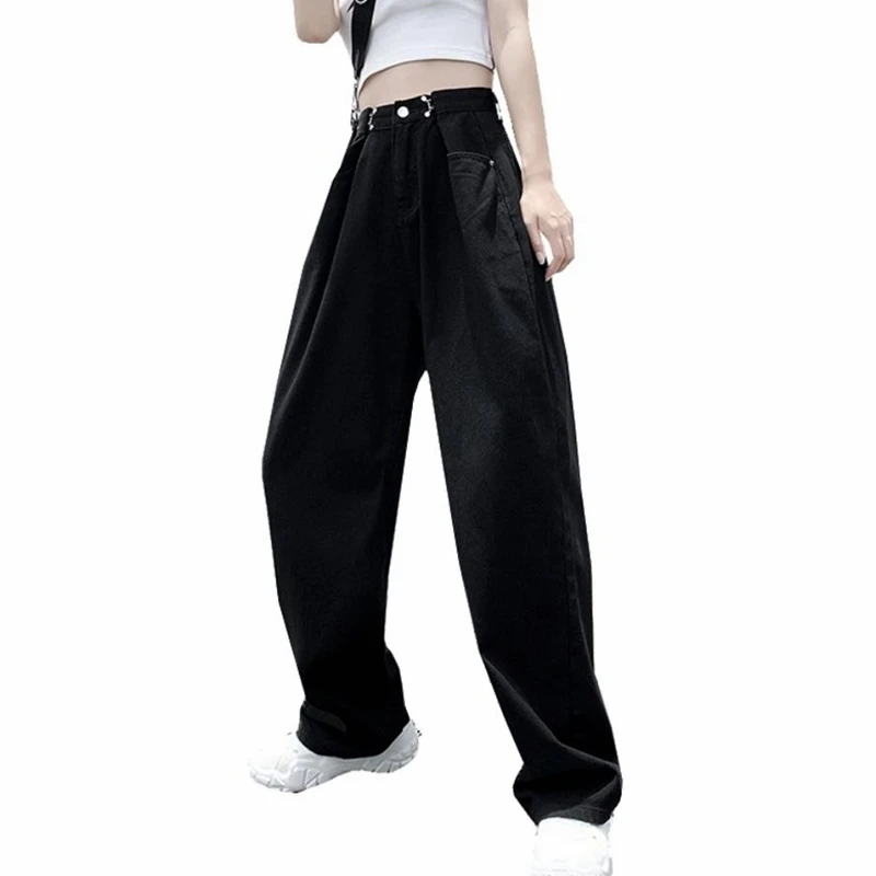 

Черные женские джинсы с высокой талией, повседневные корейские джинсовые брюки с широкими штанинами, брюки, милая уличная одежда, прямые че...