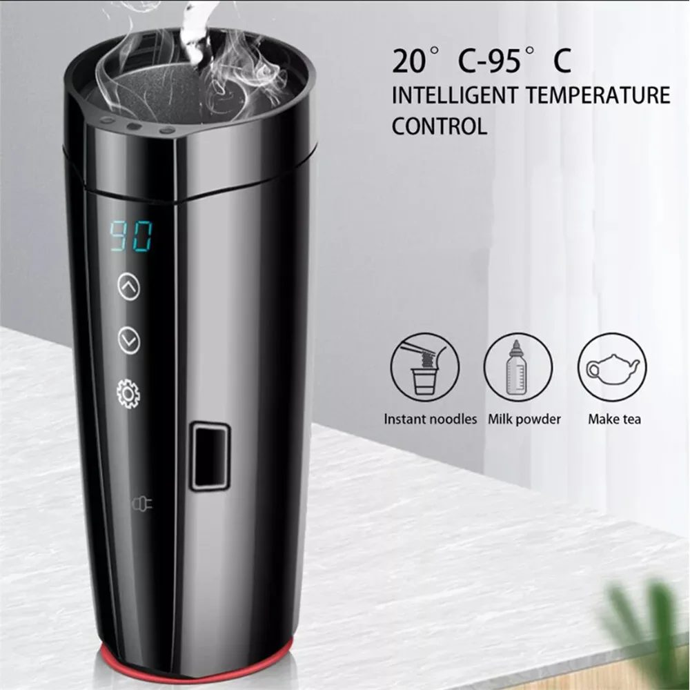 12V Car Heating Cup Rapid and Smart Temperature Display Portable Heated Mug 400ML Capacity Water Warmer Bottle