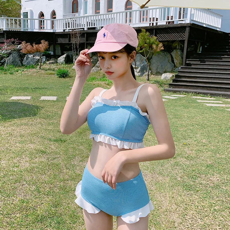 

Women Bikini Sets Summer Swimsuit Spliced Ruffles Off Shoulder High Waist Sexy Cute Sweet Girls Preppy Korean Style Casual Lady