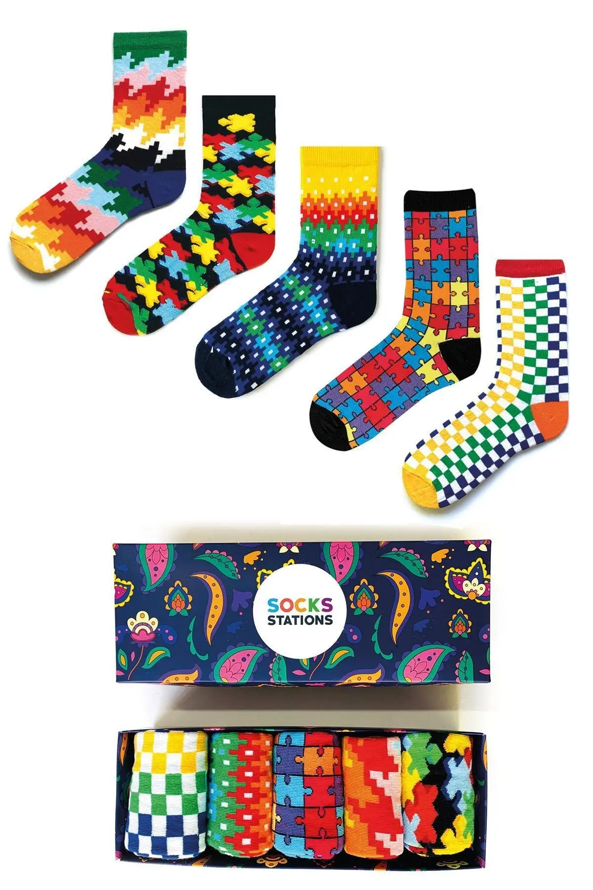 

5'li 3d Puzzle Pattern Colorful Socks Custom Box