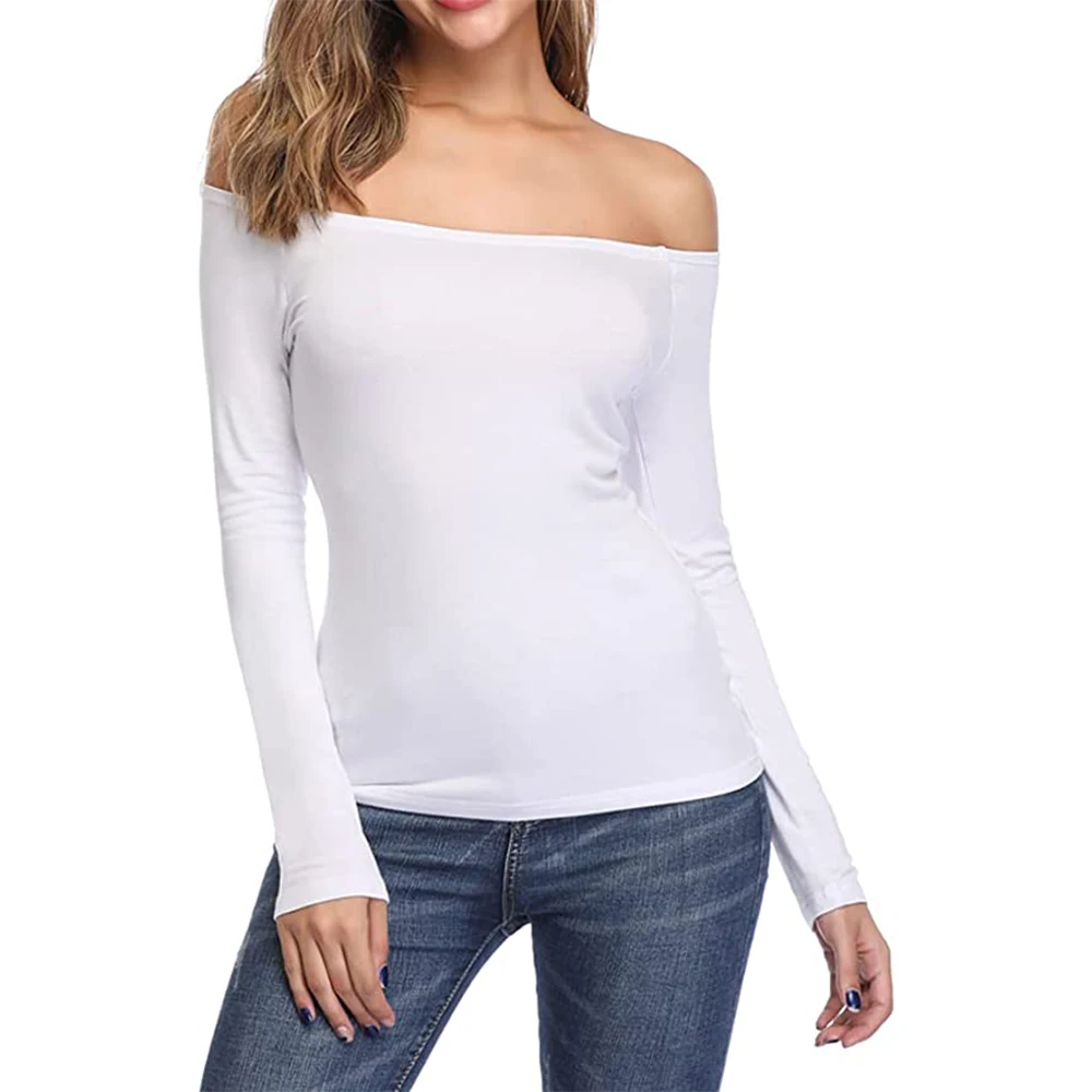 

Fashion Woman Blouses 2022 Summer New Korean Streetwear Off White Knit Slim Elegant Basic Long Sleeve Off The Shoulder Top