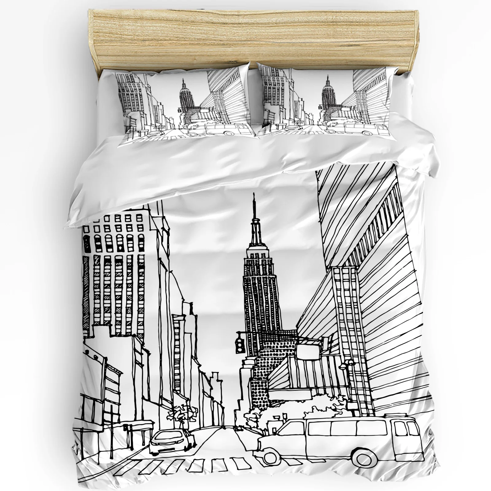 

Street Car Building Empire State Building 3pcs Bedding Set For Double Bed Home Textile Duvet Cover Quilt Cover Pillowcase