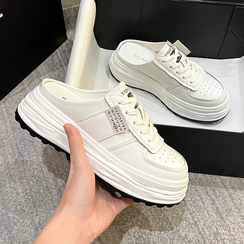 Autuspin Summer Women's Shoes New Design Females Thick Heels Slippers Fashion Genuine Leather Round Toe Slip on Sneakers Woman