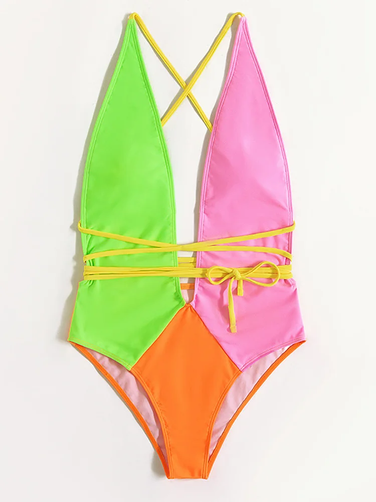 Цветной неоновый купальник сексуальный женский на завязках новинка 2022 глубокий