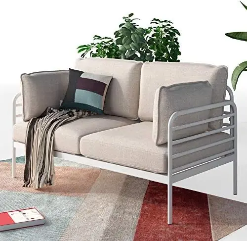 

White Metal Loveseat / Steel Framework with Upholstered Cushions / Easy Assembly