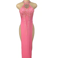 pink sexy cheongsam high split fork dress silver gold rhinestones chain womens party clothing club stage clothing chinese style