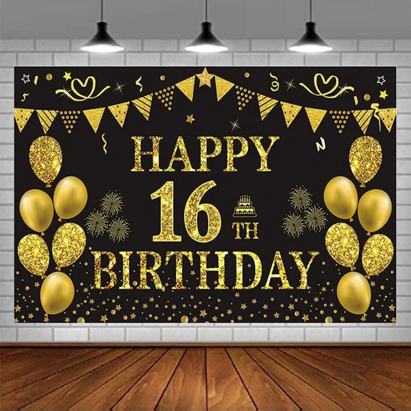 

Photography Backdrop Happy 16th Birthday Party Banner Gold And Black Decorations For Boys Girls Supplies Background Poster