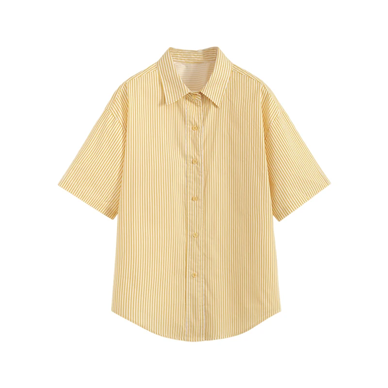 Тонкая желтая рубашка в полоску с коротким рукавом женская летняя новинка 2024