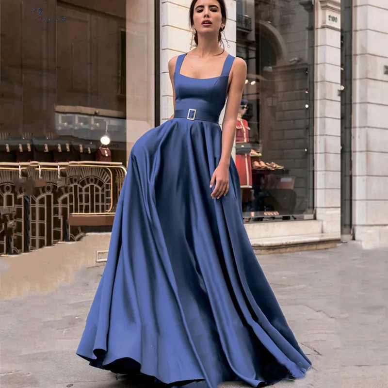 

Long Prom Dresses Off Shoulder Blue Satin Evening Length Criss-Cross Sashes Special Occasion Gowns Robes De Soirée