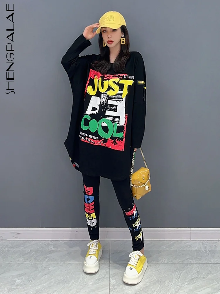 

SHENGPALAE 2 Pieces Set Fashion Letter Printed Women O-neck Full Sleeve T-shirt Casual Ankle Length Pants Autumn 2023 New 5R5252