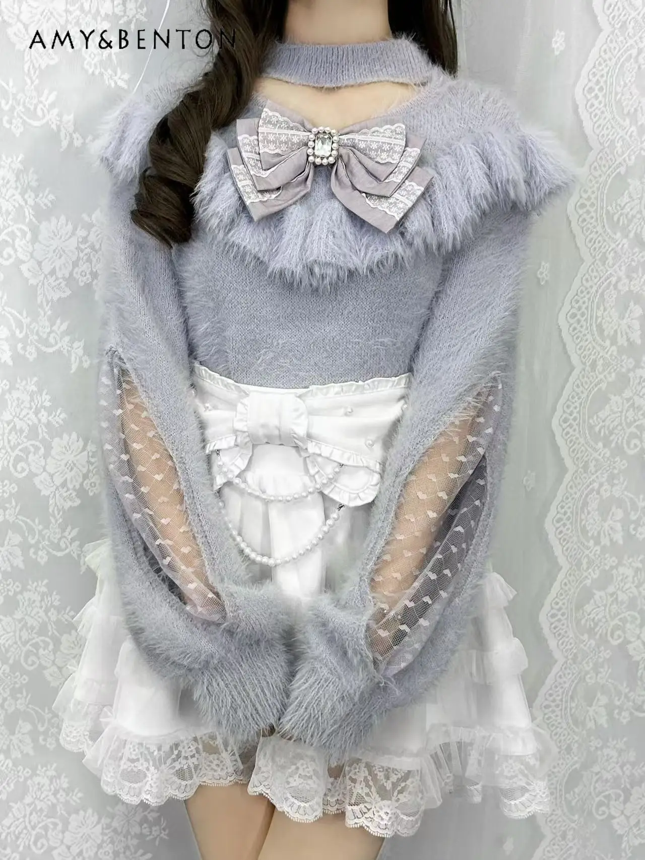 Японская серия Mine массовое производство свитер с кружевным бантом и лямкой на