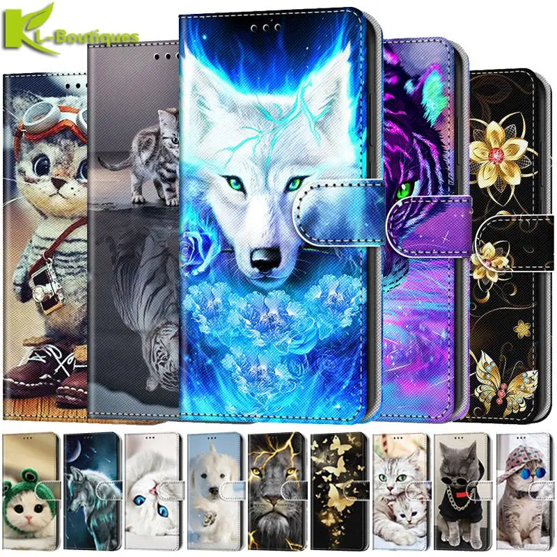 

Cute Tiger Wolf Animal Painted Phone Case For Huawei P50 Pro P20 P30 P40 Lite E P10 P8 P9 Lite 2017 Case Wallet Stand Cover