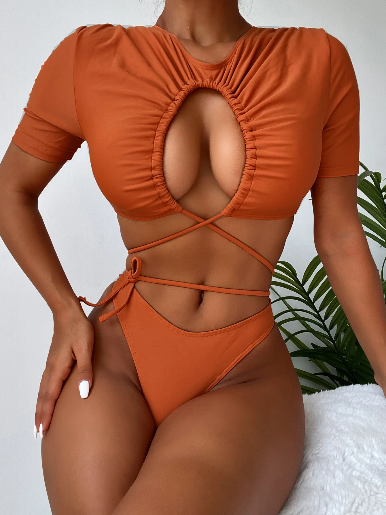 

Pleated Drawstring Split Swimsuit Bikini Low Waist Suit Short Sleeve Female Swimsuit Two Piece Swimwear Beachwear Bathing Suit