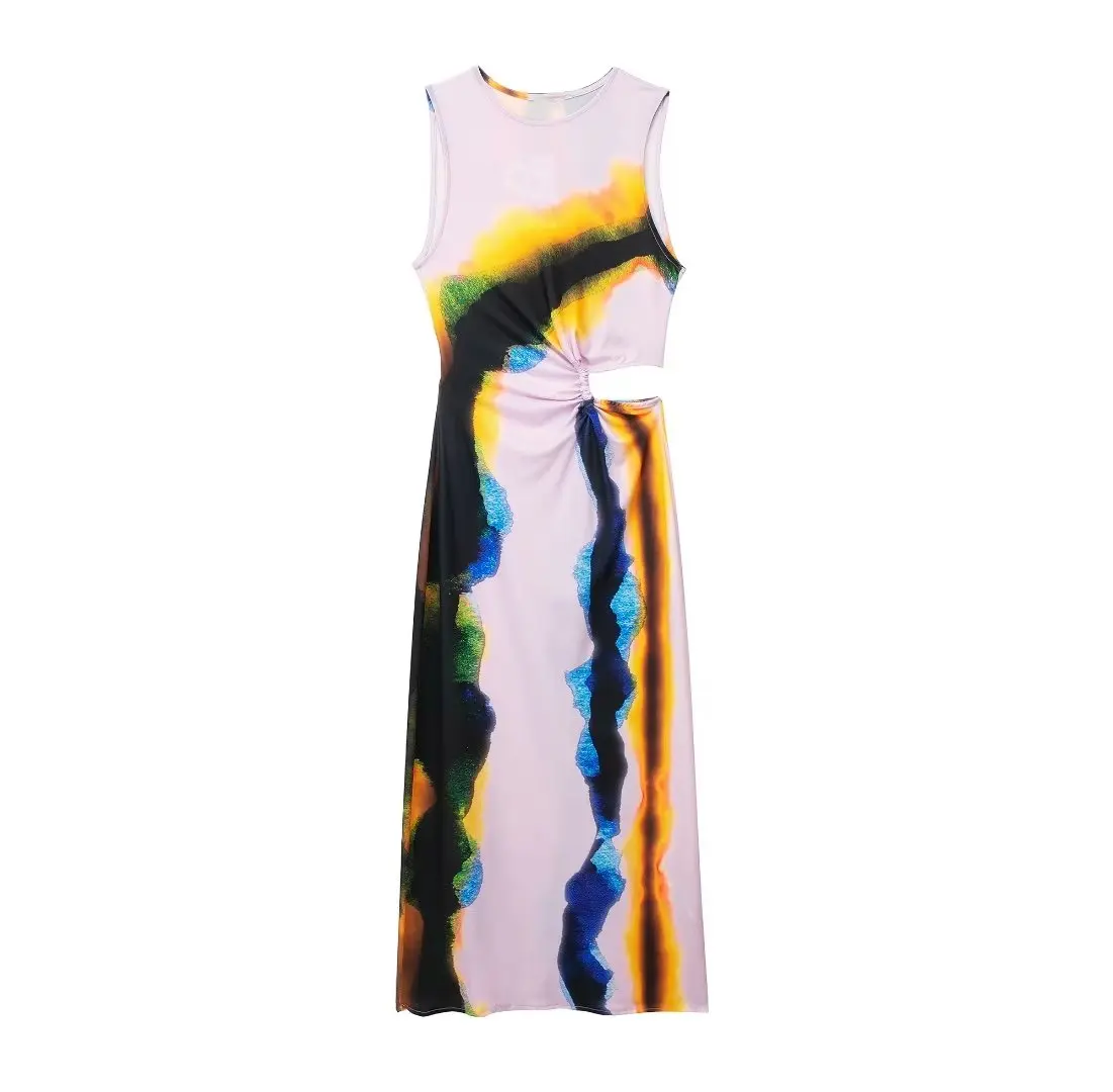 

Women 2023 New Chic Fashion Vintage Summer Sexy Round Collar Opening Decoration Hollow Printing Midi Dresses Female