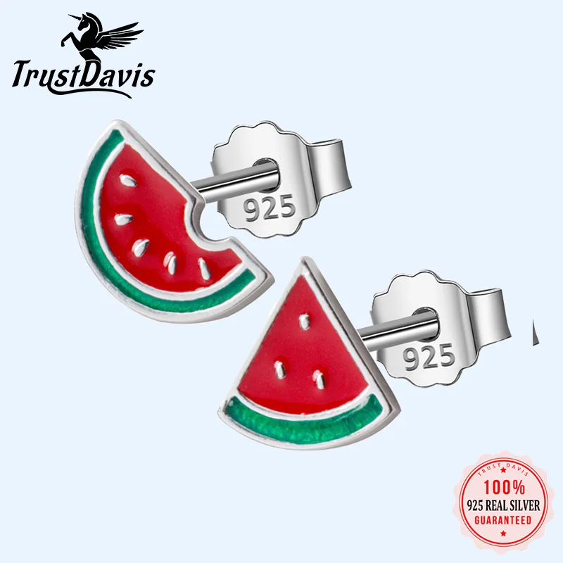 

TrustDavis 100% 925 Real Sterling Silver Jewelry Fashion Asymmetric Summer Watermelon Stud Earrings For Daughter Girls DS572