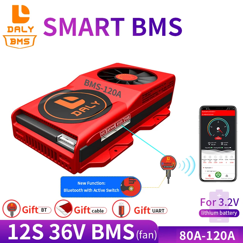 

18650 smart BMS 12S 36V 80A 100A 120A Bluetooth 485 to USB device NTC UART software togther Lion LiFepo4 Battery BMS With Fan