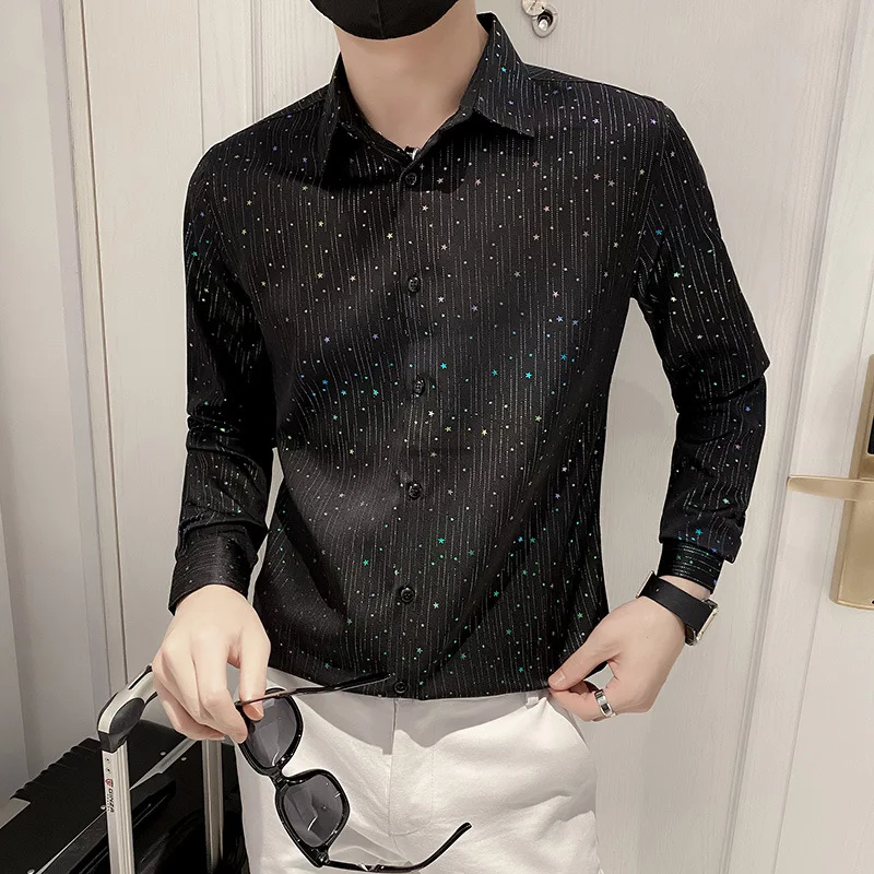 

2022 spring and autumn new men's colorful meteor bronzing printing long-sleeved shirt tide brand social youth slim shirt