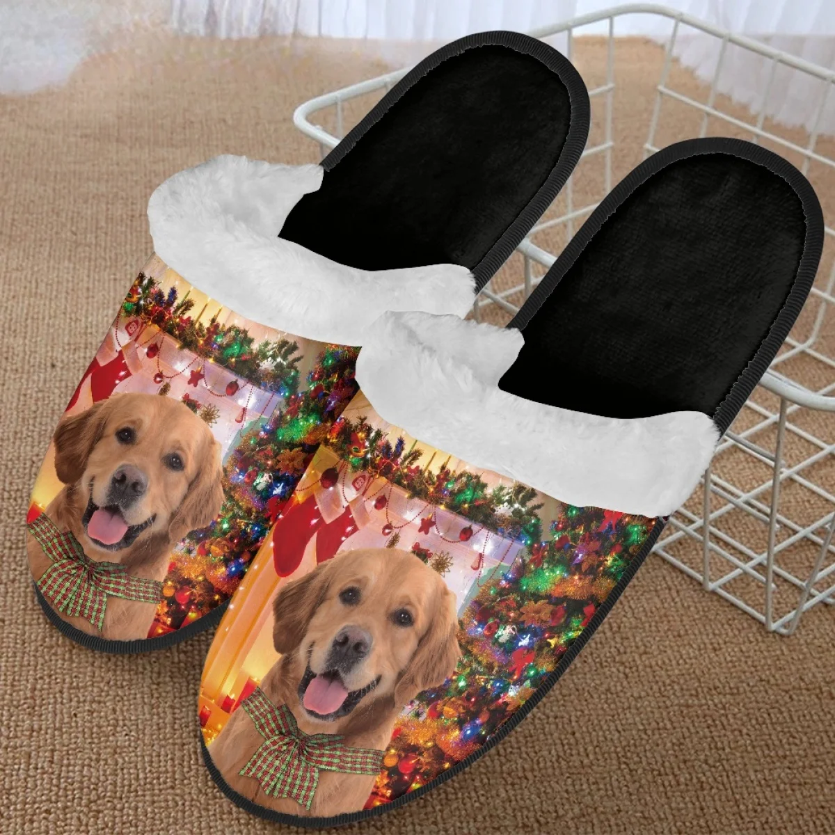 

Рождественские хлопковые тапочки для собак, милая теплая Нескользящая пушистая обувь с круглым носком для домашних животных, брендовая зимняя женская обувь 2023