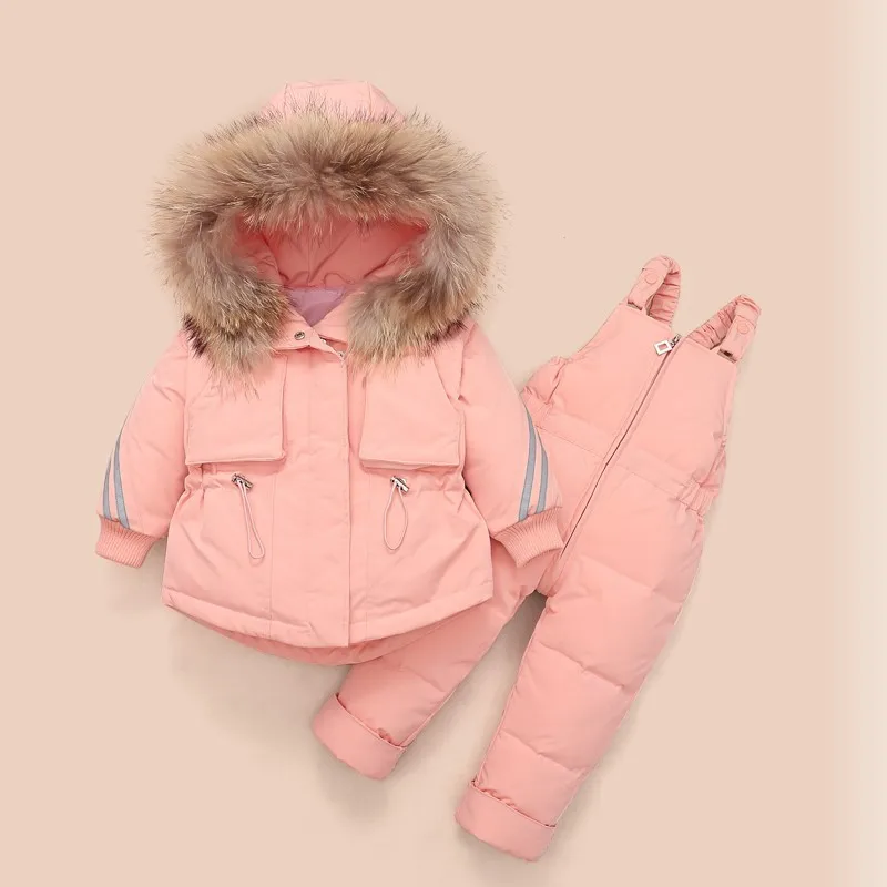 Children Winter Down Clothing Sets Hooded Real Fur Collar Kids Down Jacket Baby Girls Warm Overalls Toddler Coats