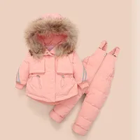 Children Winter Down Clothing Sets Hooded Real Fur Collar Kids Down Jacket Baby Girls Warm Overalls Toddler Coats