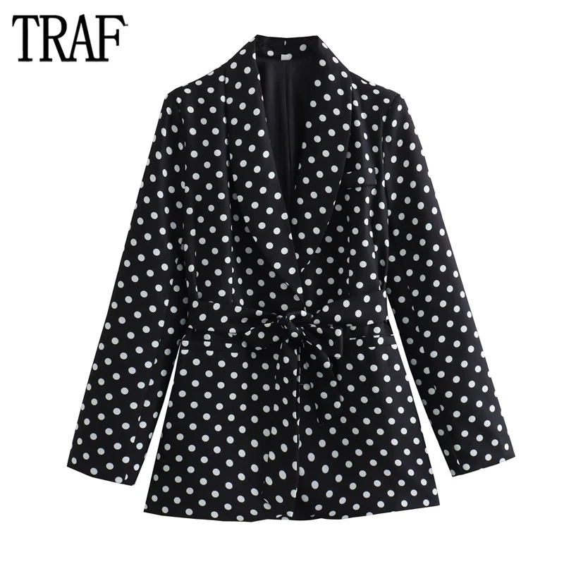 

TRAF Polka Dot Long Blazer Women Black Belt Office Blazer Woman Long Sleeve Button Jacket Women Autumn Basics Blazers for Women