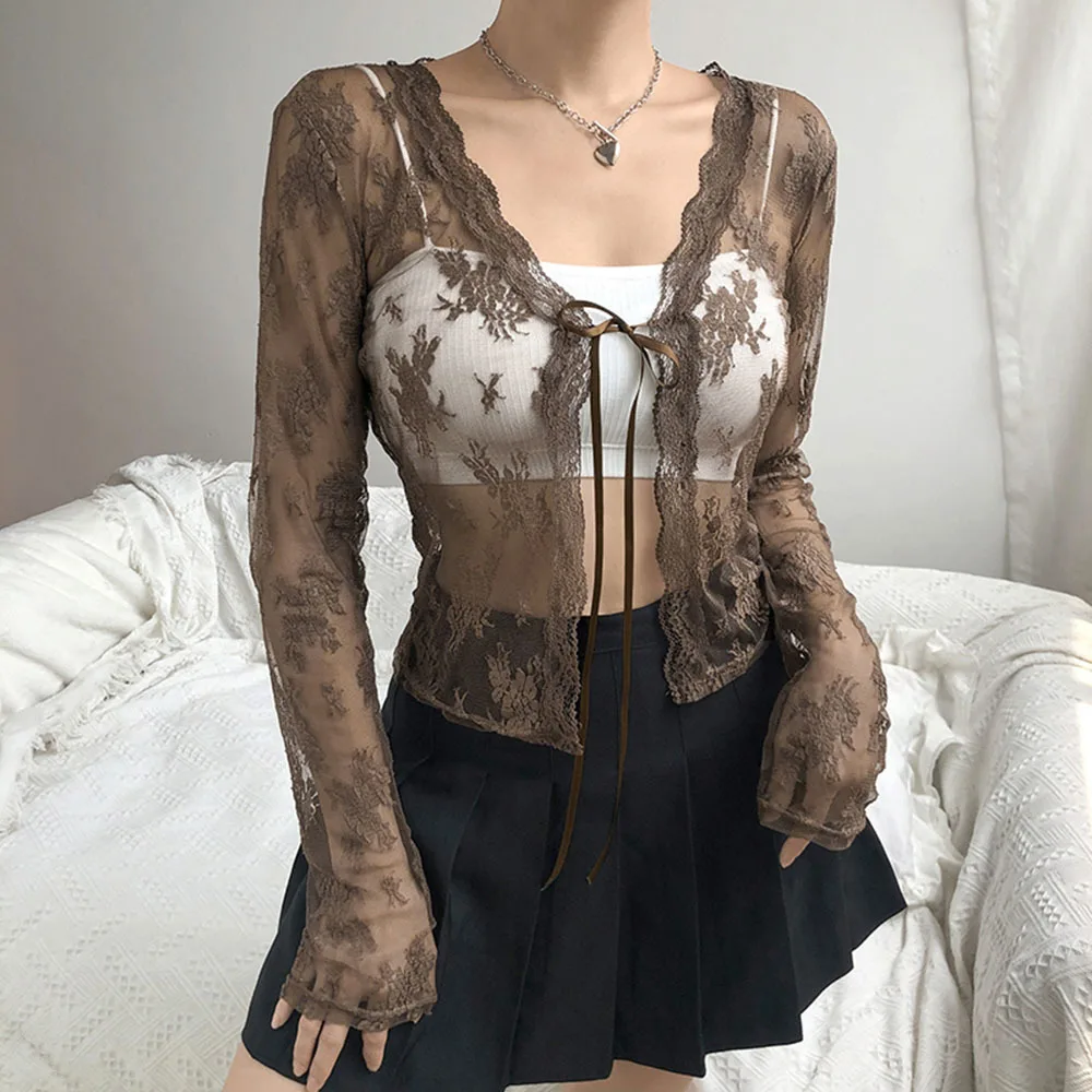 

Women Sexy Tees See Through Cardigans Y2K Long Sleeve Lace Mesh Lace Vintage Lace Up Crop Tops Streetwear Cardigans T-Shirts
