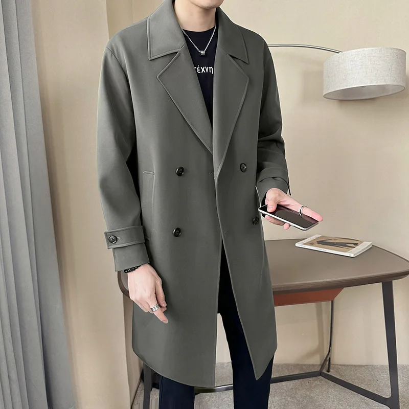 2024 весна и осень новый модный однотонный длинный плащ мужской свободный