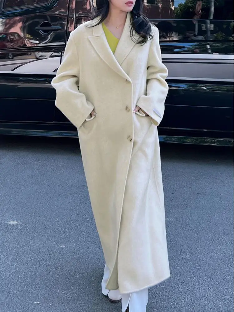 

Женское шерстяное пальто ручной работы, однобортное Свободное длинное пальто из 2023-ной шерсти с воротником, Осень-зима 100%