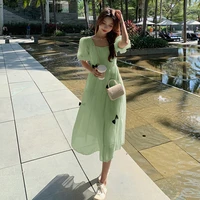 2022 summer large women green solid robe femme dress puff sleeve loose waist chiffon dresses
