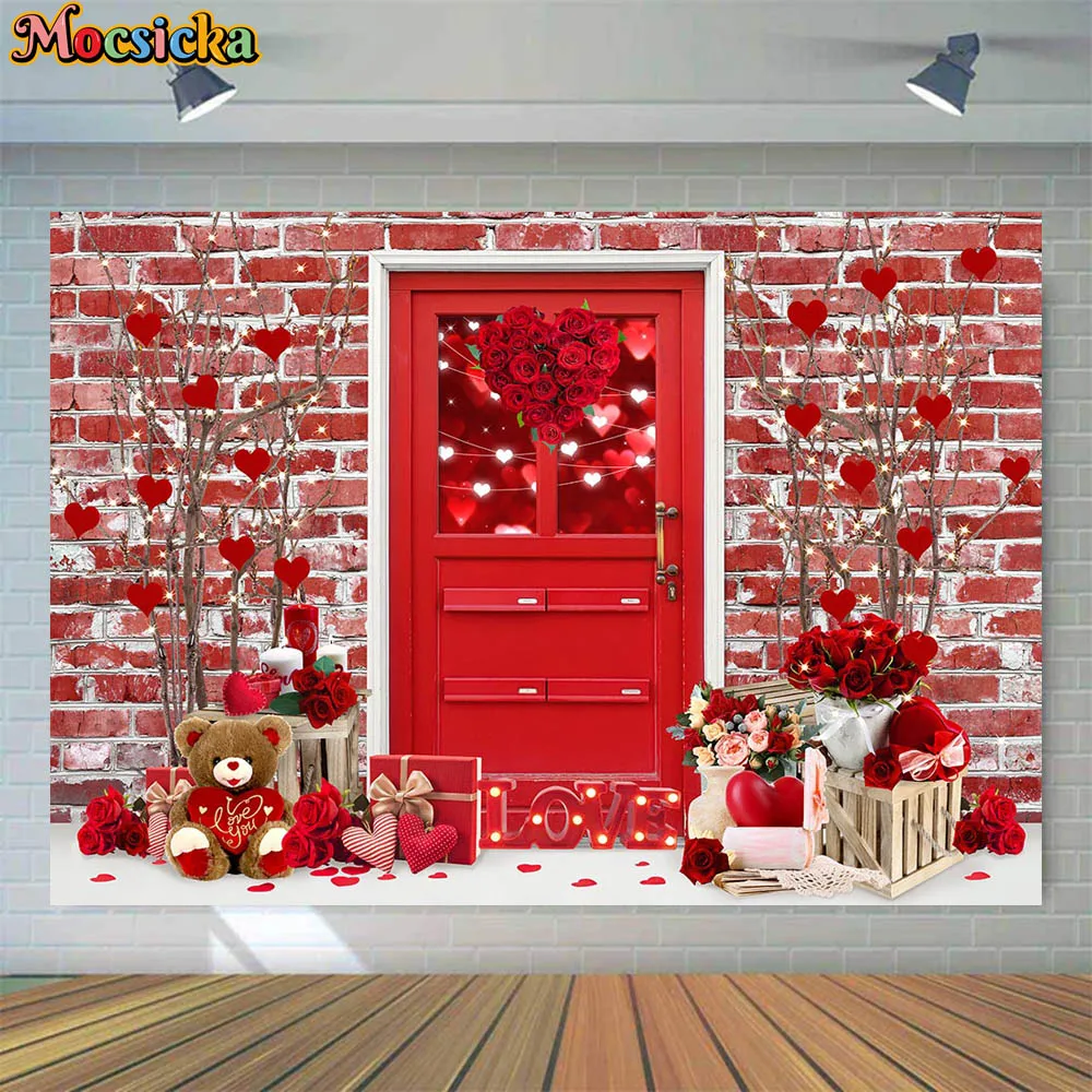 

Mocsicka Valentine's Day Photography Backdrops Red Door and Brick Wall Rose Bear Love Wedding Background Studio Photoshoot Props