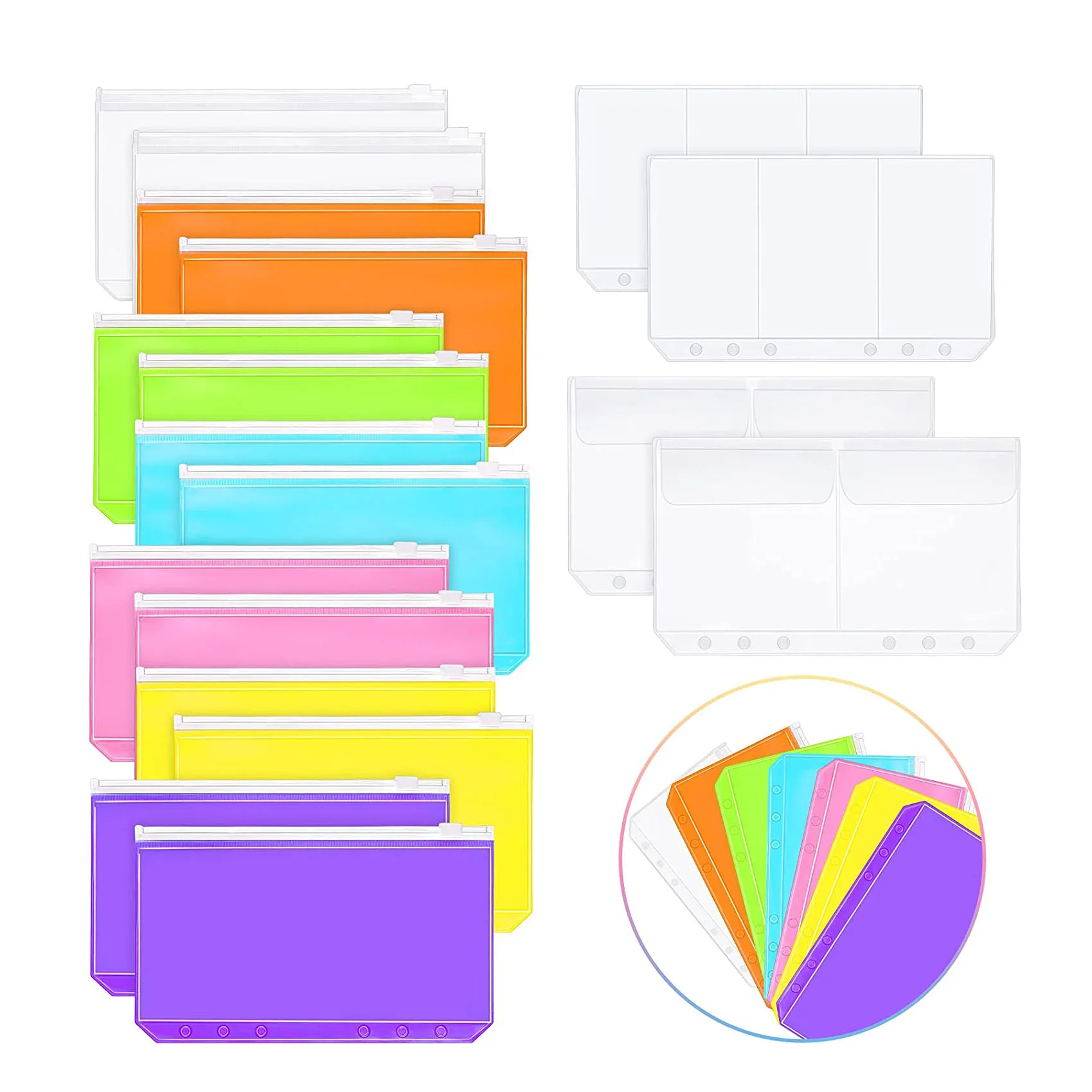 

18Pcs/Set A6 Size 6 Holes Colorful Notebook Zipper Binder Pockets Folders ,Waterproof PVC Budget Envelope Bill Bag Card Sleeves