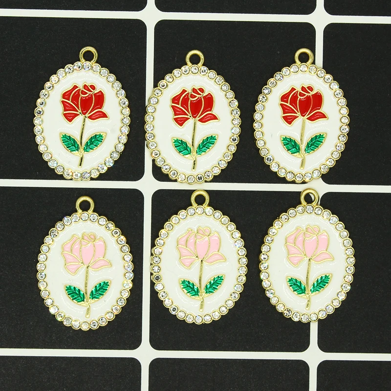 

6pcs Vintage Enamel Rose Flower Earring Charms With Shiny Rhinestone Oval Coin Pendants DIY For Jewelry Accessory Make D63