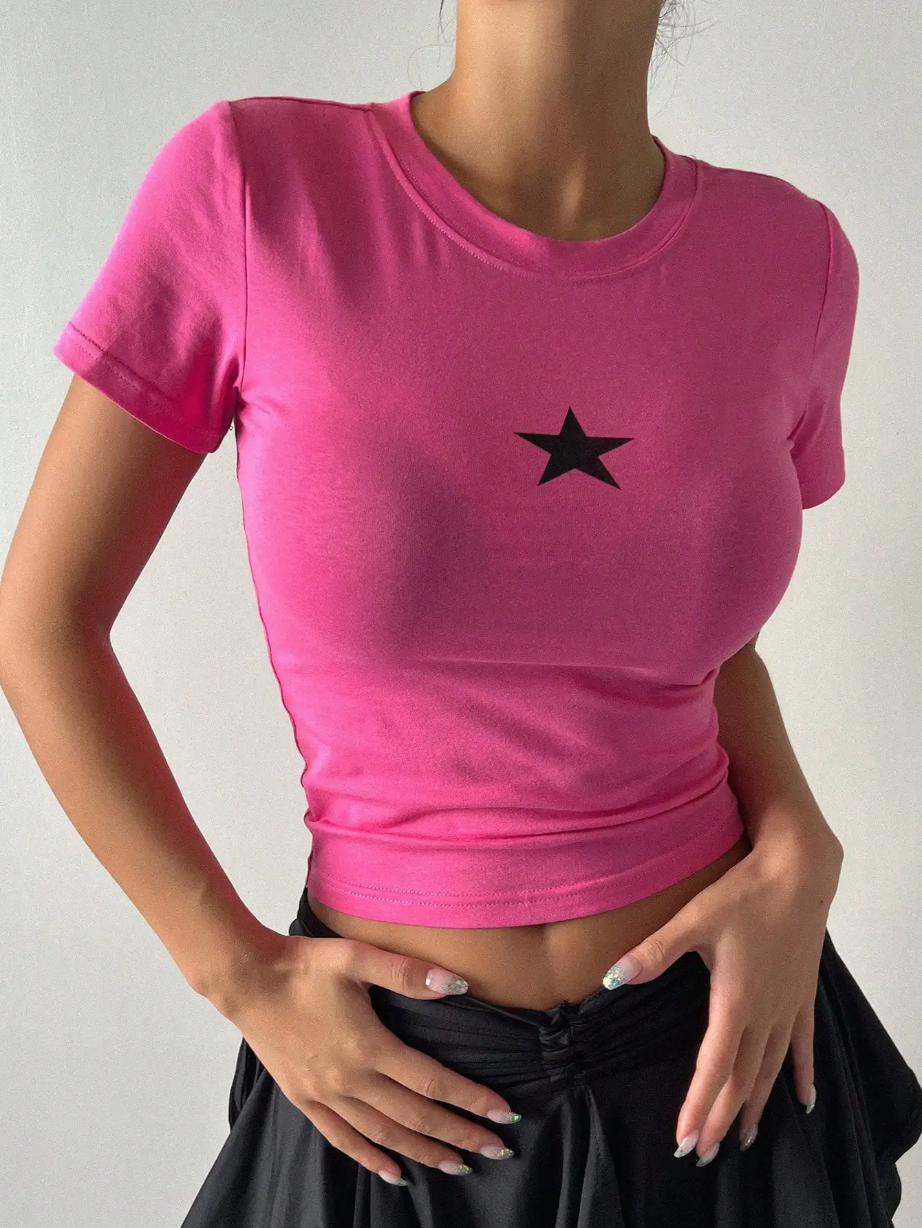 

Y2k Summer Star Print Crop Top For Women Streetwear Girls Solid Slim O-Neck Short Sleeve T-Shirt Casual Harajuku Baby Tees