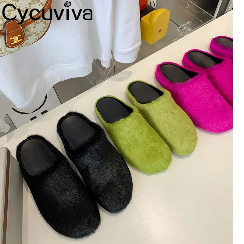 Женские мюли из конского волоса розовые красные или зеленые повседневные летние