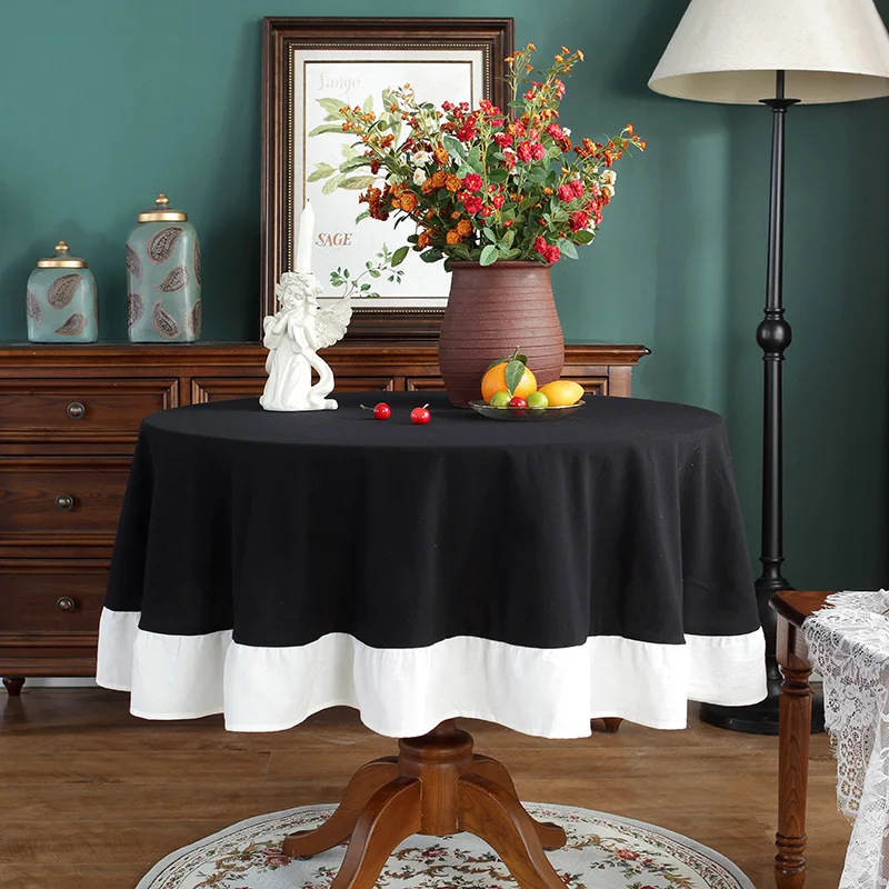 

Tablecloth for Dining Outdoor Use Classic Black and White Splice Design Round Restaurant Coffee Table Decor Cotton Piano Cover