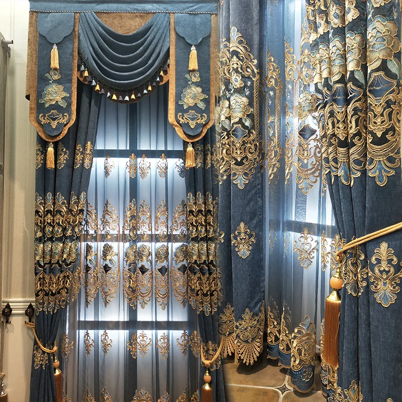 

European Retro Luxury Curtains for Living Room Bedroom Chenille Gilded Jacquard Curtain High-shading Villa Custom Cortinas Tulle