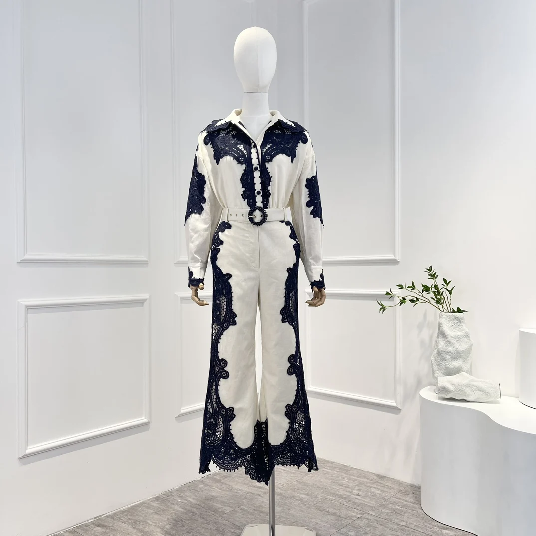 

Spring Summer 2023 Top Quality Navy Linen Blue Embroidery Patchwork Beige Blouse Beading Belt Midi Flare Pants Matching Lady Set