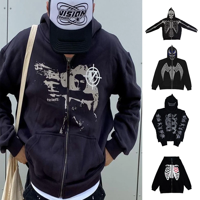 

Casual Pocket Skull Y2k Hoodies Women Men Harajuku Print Outwear High Street Vintage Korea Hooded Loose Long Sleeve Hooded