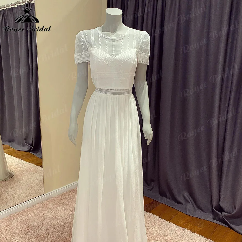 

Elegant Lace Bodice Chiffon Floor-Length Boho Beach Wedding Dress with Short Sleeve 2023 Bridal Gown hochzeitskleid Roycebridal