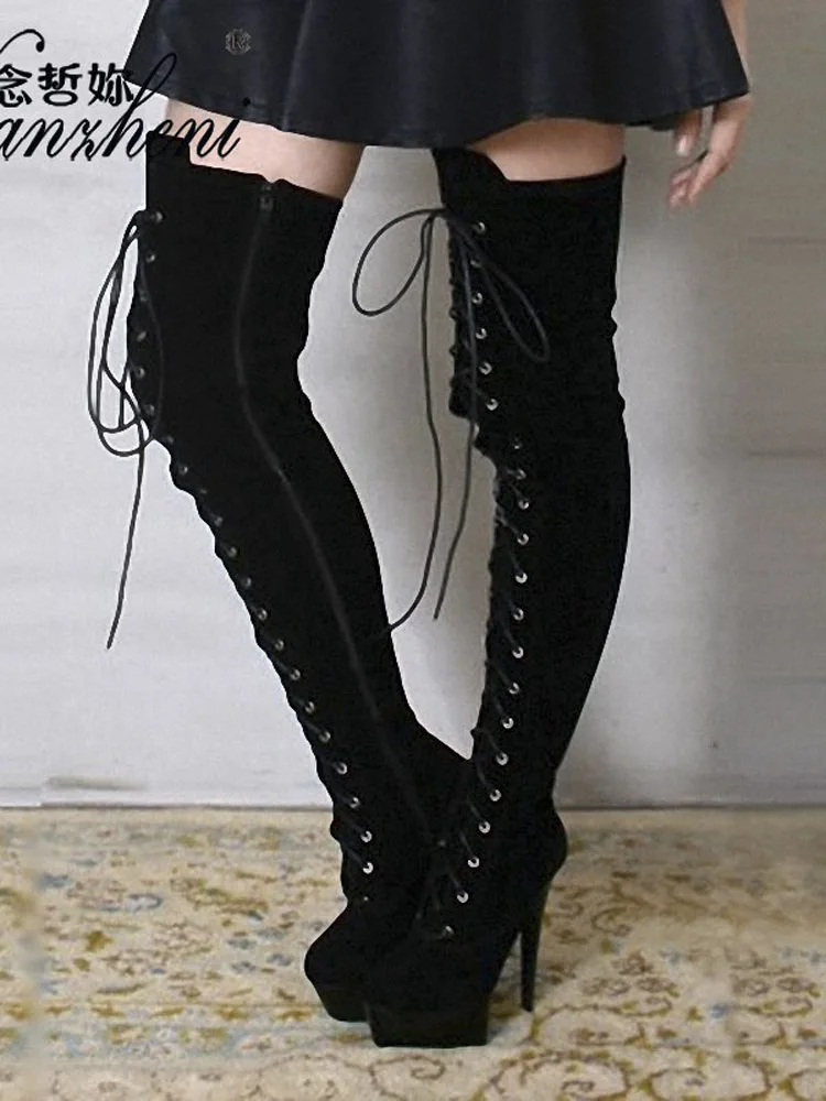 Winter Girl Female Work Shoes Flock Lace Up Thick Over The Knee Boots 6 Inch High Heel Boots Party Shoes 15cm Long Boots Stage